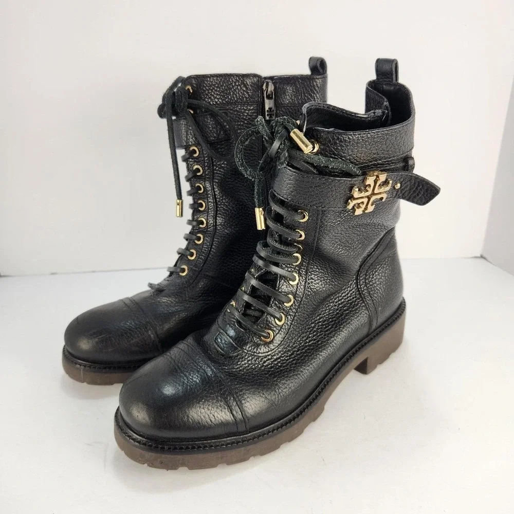 Tory Burch Women's 9M Black Leather Combat Boots Gold Logo Lace Up Lug Sole